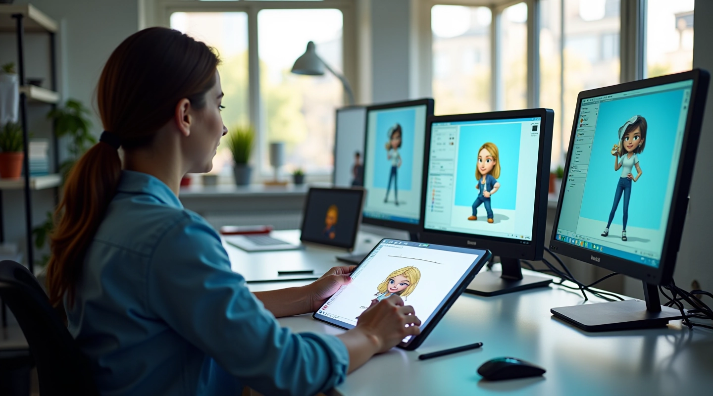 Modern animation studio workspace with digital design tablets and production software displayed on multiple screens