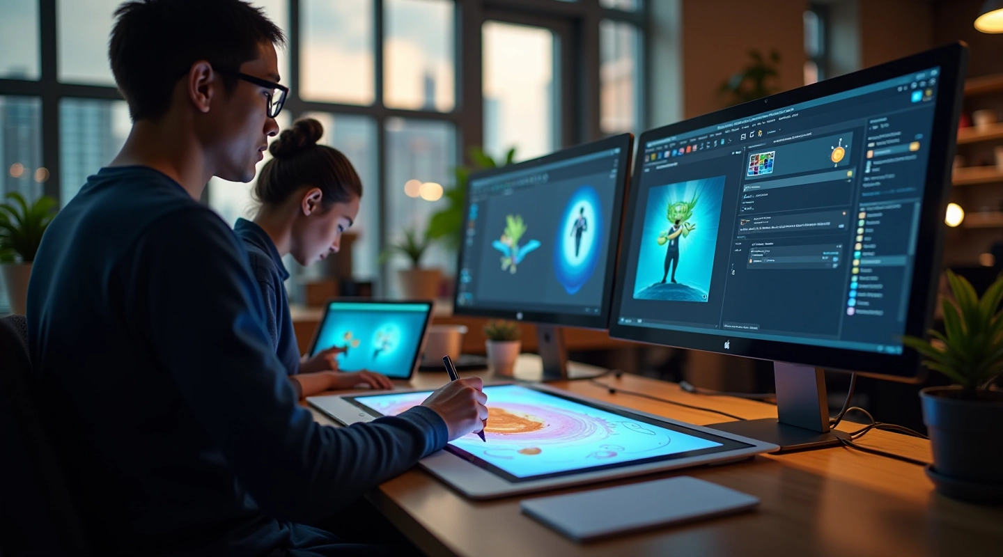 Animation studio workspace with digital tablets and design software displayed on multiple screens